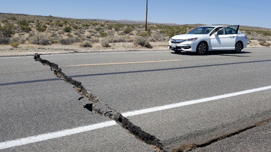 Cracking in road after earthquake